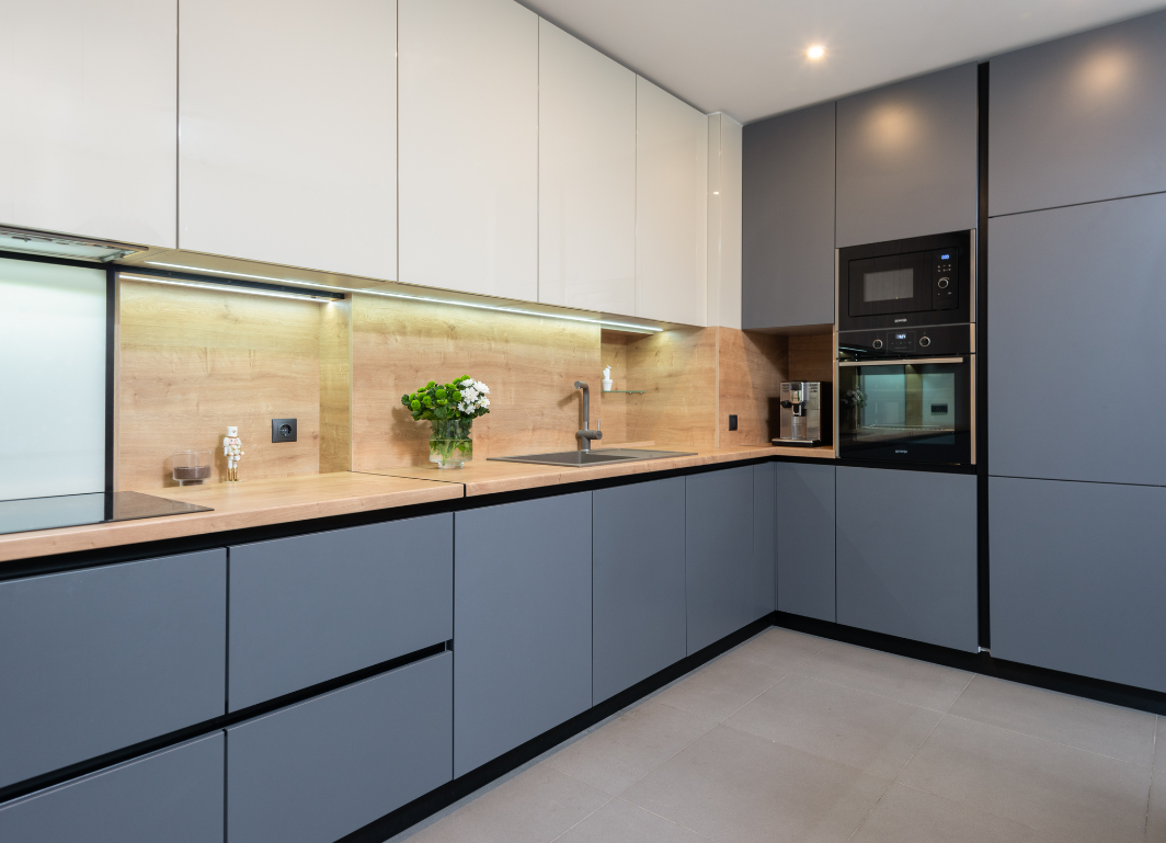 Modern handleless kitchen with clean lines and integrated appliances
